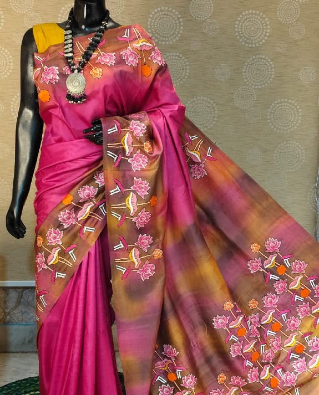Experience timeless beauty with Neelam Creation’s hand-embroidered Katan Silk Kantha Saree.